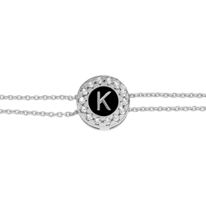 BRACELET ARGENT RHODIÉ DOUBLE CHAINE ROND INITIALE  K  RECTO VERSO 1 FACE RÉSINE BLANCHE L'AUTRE NOIRE AVEC CONTOUR OXYDES BLANCS SERTIS 16+3CM