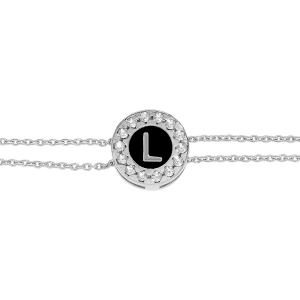 BRACELET ARGENT RHODIÉ DOUBLE CHAINE ROND INITIALE  L  RECTO VERSO 1 FACE RÉSINE BLANCHE ET L'AUTRE NOIRE AVEC CONTOUR OXYDES BLANCS SERTIS 16+3CM