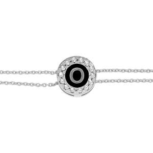 BRACELET ARGENT RHODIÉ DOUBLE CHAINE ROND INITIALE  O  RECTO VERSO 1 FACE RÉSINE BLANCHE ET L'AUTRE NOIRE AVEC CONTOUR OXYDES BLANCS SERTIS 16+3CM