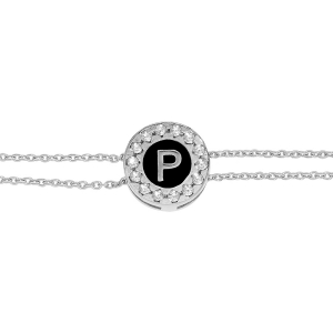 BRACELET ARGENT RHODIÉ DOUBLE CHAINE ROND INITIALE  P  RECTO VERSO 1 FACE RÉSINE BLANCHE ET L'AUTRE NOIRE AVEC CONTOUR OXYDES BLANCS SERTIS 16+3CM