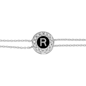 BRACELET ARGENT RHODIÉ DOUBLE CHAINE ROND INITIALE  R  RECTO VERSO 1 FACE RÉSINE BLANCHE ET L'AUTRE NOIRE AVEC CONTOUR OXYDES BLANCS SERTIS 16+3CM