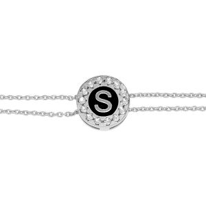 BRACELET ARGENT RHODIÉ DOUBLE CHAINE ROND INITIALE  S  RECTO VERSO 1 FACE RÉSINE BLANCHE L'AUTRE NOIRE AVEC CONTOUR OXYDES BLANCS SERTIS 16+3CM