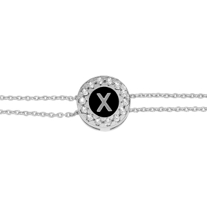 BRACELET ARGENT RHODIÉ DOUBLE CHAINE ROND INITIALE  X  RECTO VERSO 1 FACE RÉSINE BLANCHE ET L'AUTRE NOIRE AVEC CONTOUR OXYDES BLANCS SERTIS 16+3CM