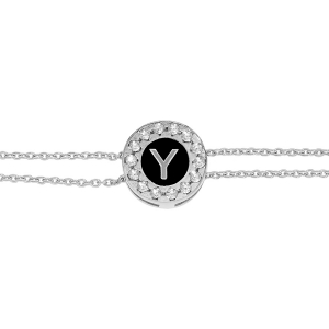 BRACELET ARGENT RHODIÉ DOUBLE CHAINE ROND INITIALE  Y   RECTO VERSO 1 FACE RÉSINE BLANCHE ET L'AUTRE NOIRE AVEC CONTOUR OXYDES BLANCS SERTIS 16+3CM