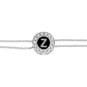 BRACELET ARGENT RHODIÉ DOUBLE CHAINE ROND INITIALE Z  RECTO VERSO 1 FACE RÉSINE BLANCHE ET L'AUTRE NOIRE AVEC CONTOUR OXYDES BLANCS SERTIS 16+3CM