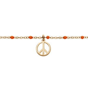 BRACELET ARGENT ET DORURE JAUNE BOULES RÉSINE ROUGES MOTIF PEACE AND LOVE 15+3CM