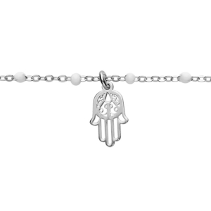 BRACELET ARGENT RHODIÉ BOULES RÉSINE BLANCHES AVEC MAIN DE FATMA 15+3CM