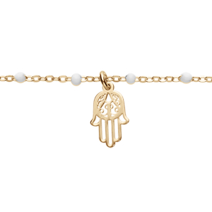 BRACELET ARGENT ET DORURE JAUNE BOULES RÉSINE BLANCHES AVEC MAIN DE FATMA 15+3CM