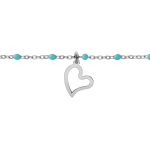 BRACELET ARGENT RHODIÉ BOULES RÉSINE TURQUOISE IMITATION AVEC COEUR 15+3CM