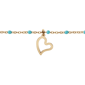 BRACELET ARGENT ET DORURE JAUNE BOULES RÉSINE TURQUOISE IMITATION AVEC COEUR 15+3CM