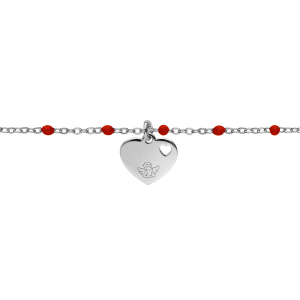 BRACELET ARGENT RHODIÉ BOULES RÉSINE ROUGES AVEC COEUR ET PETIT ANGE 15+3CM