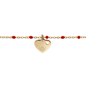 BRACELET ARGENT ET DORURE JAUNE BOULES RÉSINE ROUGES AVEC COEUR ET PETIT ANGE 15+3CM