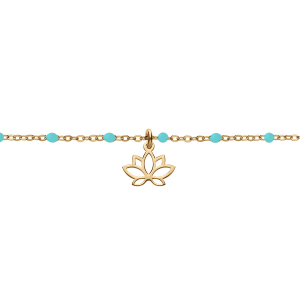 BRACELET ARGENT ET DORURE JAUNE BOULES RÉSINE TURQUOISE IMITATION AVEC FLEUR DE LOTUS 15+3CM