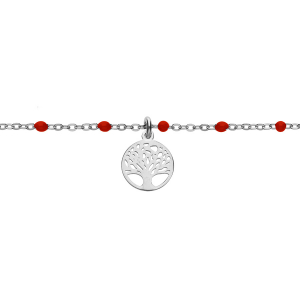 BRACELET ARGENT RHODIÉ BOULES RÉSINE ROUGES AVEC ARBRE DE VIE 15+3CM