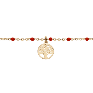 BRACELET ARGENT ET DORURE JAUNE BOULES RÉSINE ROUGES AVEC ARBRE DE VIE 15+3CM