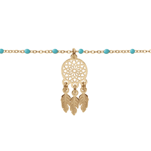 BRACELET ARGENT ET DORURE JAUNE BOULES RÉSINE TURQUOISE IMITATION AVEC ATTRAPE REVE 15+3CM