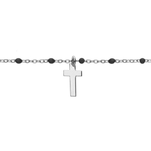 BRACELET ARGENT RHODIÉ BOULES RÉSINE NOIRES AVEC CROIX 15+3CM