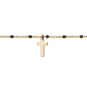 BRACELET ARGENT ET DORURE JAUNE BOULES RÉSINE NOIRES AVEC CROIX 15+3CM