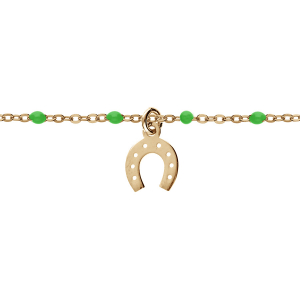 BRACELET ARGENT ET DORURE JAUNE BOULES RÉSINE VERTES AVEC FER A CHEVAL 15+3CM