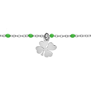 BRACELET ARGENT RHODIÉ BOULES RÉSINE VERTES AVEC TREFLE 15+3CM
