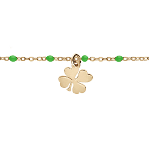 BRACELET ARGENT ET DORURE JAUNE BOULES RÉSINE VERTES AVEC TREFLE 15+3CM