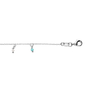BRACELET ARGENT RHODIÉ PAMPILLES BOULES RÉSINES BLANCHES ET TURQUOISES IMITATION 15+3CM