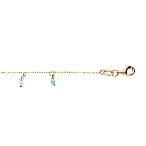 BRACELET ARGENT ET DORURE JAUNE PAMPILLES BOULES RÉSINES BLANCHES ET TURQUOISES IMITATION 15+3CM