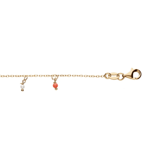 BRACELET ARGENT ET DORURE JAUNE PAMPILLES BOULES RÉSINES BLANCHES ET ROUGES 15+3CM