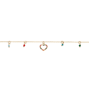 BRACELET ARGENT ET DORURE JAUNE COEURS ET PAMPILLES EMPIERRÉS MULTI COULEURS 15+3CM