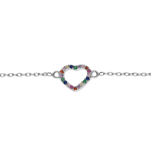 BRACELET ARGENT RHODIÉ COEUR EMPIERRÉS MULTI COULEURS 15+3CM