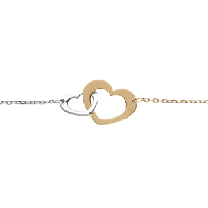 BRACELET ARGENT ET DORURE JAUNE DOUBLE COEUR  16+3CM
