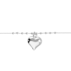 BRACELET ARGENT RHODIÉ CHAINE AVEC BOULES PENDANT COEUR BOMBÉ 16+3CM