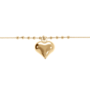 BRACELET ARGENT DORÉ CHAINE AVEC BOULES PENDANT COEUR BOMBÉ 16+3CM