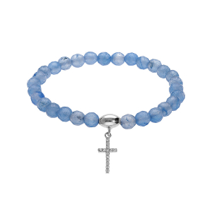 BRACELET ARGENT RHODIÉ EXTENSIBLE PIERRES NATURELLES 6MM AGATE  BLEU CLAIR AVEC CROIX 15MM OXYDES BLANCS