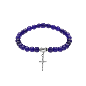 BRACELET ARGENT RHODIÉ EXTENSIBLE PIERRES NATURELLES 6MM AGATE  BLEU FONCE AVEC CROIX 15MM OXYDES BLANCS