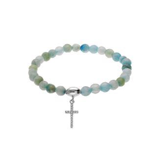 BRACELET ARGENT RHODIÉ EXTENSIBLE PIERRES NATURELLES 6MM AGATE BLEU CIEL AVEC CROIX 15MM OXYDES BLANCS