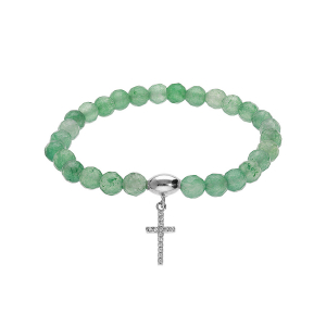 BRACELET ARGENT RHODIÉ EXTENSIBLE PIERRES NATURELLES 6MM AGATE VERTE AVEC CROIX 15MM OXYDES BLANCS