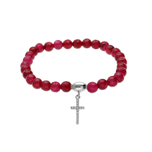 BRACELET ARGENT RHODIÉ EXTENSIBLE PIERRES NATURELLES AGATE 6MM GRENAT AVEC CROIX 15MM OXYDES BLANCS