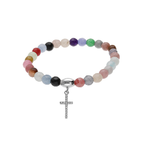BRACELET ARGENT RHODIÉ EXTENSIBLE PIERRES NATURELLES 6MM AGATE MULTICOLORE AVEC CROIX 15MM OXYDES BLANCS
