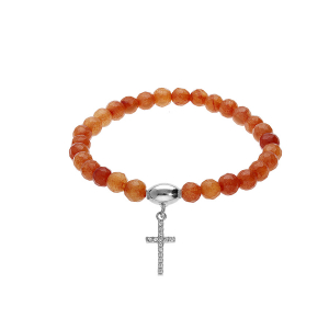 BRACELET ARGENT RHODIÉ EXTENSIBLE PIERRES NATURELLES AGATE ORANGE AVEC CROIX 15MM OXYDES BLANCS