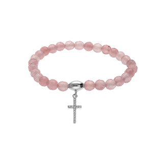 BRACELET ARGENT RHODIÉ EXTENSIBLE PIERRES NATURELLES 6MM AGATE ROSE  AVEC CROIX 15MM OXYDES BLANCS