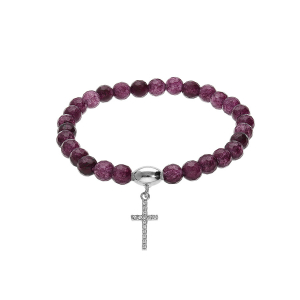 BRACELET ARGENT RHODIÉ EXTENSIBLE PIERRES NATURELLES 6MM AGATE VIOLETTE AVEC CROIX 15MM OXYDES BLANCS