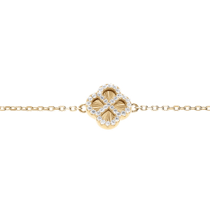 BRACELET ARGENT DORÉ TREFLE SUR FOND DIAMANTÉ CONTOUR OXYDES BLANCS 16+3CM