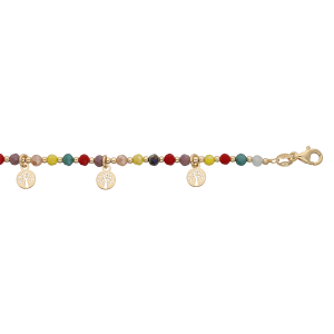 BRACELET ARGENT ET DORURE JAUNE PIERRES SYNTHETIQUE FACETÉS ET PAMPILLES ARBRE DE VIE 16+3CM