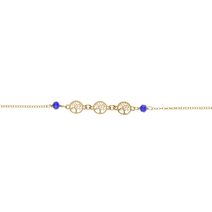 BRACELET ARGENT DORÉ MOTIFS ARBRE DE VIE ET PERLES IMITATION BLEUES 16+3CM