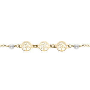 BRACELET ARGENT DORÉ MOTIF ARBRE DE VIE ET PERLES IMITATION BLANCHE 16+3CM