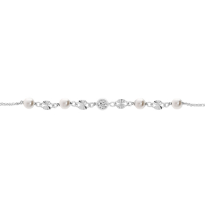 BRACELET ARGENT RHODIÉ PASTILLE DIAMANTEE ET BOULE VERRE BLANCHE 16+3CM