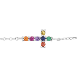 BRACELET ARGENT RHODIÉ CROIX 10 X 8 MM PIERRES SYNTHETIQUE MULTI COULEURS 16+3CM