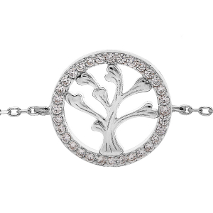 BRACELET ARGENT RHODIÉ ARBRE DE VIE CONTOUR OXYDES BLANCS SERTIS 16+3CM