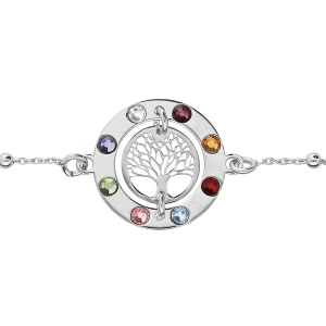 BRACELET ARGENT RHODIÉ CHAINE BOULES AVEC CERCLE ARBRE DE VIE CONTOUR PIERRES SYNTHETIQUE MULTI COULEURS 16+3CM